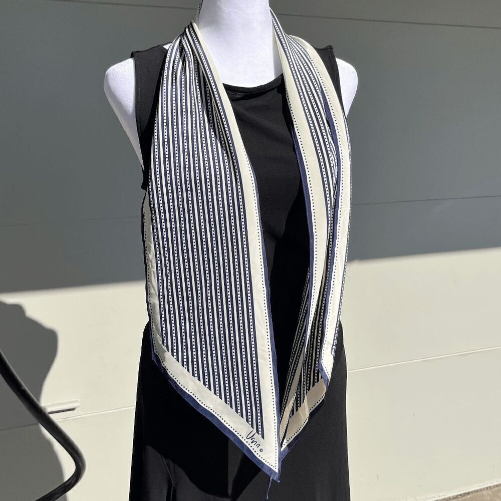 Vintage 70s Vera Neumann Long Mod Scarf Navy & White Geometric Stripes